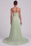 Dusty Sage A-Line V-Neck Pleated Spaghetti Straps Maxi Formal Dress