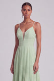 Dusty Sage A-Line V-Neck Pleated Spaghetti Straps Maxi Formal Dress