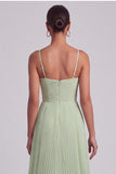 Dusty Sage A-Line V-Neck Pleated Spaghetti Straps Maxi Formal Dress