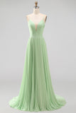 Dusty Sage A-Line V-Neck Pleated Spaghetti Straps Maxi Formal Dress