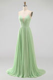 Dusty Sage A-Line V-Neck Pleated Spaghetti Straps Maxi Formal Dress