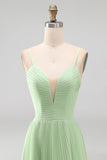 Dusty Sage A-Line V-Neck Pleated Spaghetti Straps Maxi Formal Dress