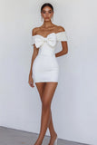 White Bodycon Satin Off the Shoulder Mini Graduation Dress with Bowknot