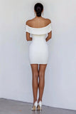 White Bodycon Satin Off the Shoulder Mini Graduation Dress with Bowknot
