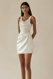White Satin Cowl Neck Sleeveless Bodycon Short Graduation Dress