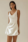 White Sheath V Neck Sleeveless Satin Mini Graduation Dress