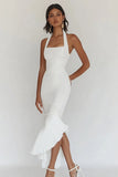 White Sheath Satin Halter Asymmetrical Graduation Dress