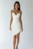 White Bodycon Satin Spaghetti Straps Asymmetrical Graduation Dress