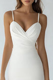 White Bodycon Satin Spaghetti Straps Asymmetrical Graduation Dress