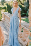 A Line Chiffon V-Neck Sky Blue Long Bridesmaid Dress with Ruffles