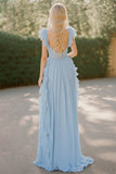 A Line Chiffon V-Neck Sky Blue Long Bridesmaid Dress with Ruffles