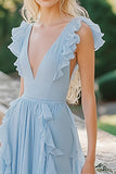 A Line Chiffon V-Neck Sky Blue Long Bridesmaid Dress with Ruffles