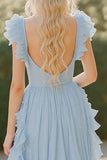 A Line Chiffon V-Neck Sky Blue Long Bridesmaid Dress with Ruffles