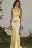 Leely Women Elegant Light Yellow Sheath Satin Bridesmaid Dress Halter Backless Maxi Wedding Guest Dress