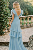 Sky Blue A Line Chiffon V-Neck Long Flowy Bridesmaid Dress with Ruffles