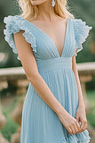 Sky Blue A Line Chiffon V-Neck Long Flowy Bridesmaid Dress with Ruffles
