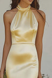 Elegant Light Yellow Sheath Halter Maxi Satin Bridesmaid Dress