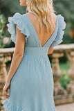 Sky Blue A Line Chiffon V-Neck Long Flowy Bridesmaid Dress with Ruffles