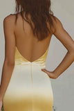 Elegant Light Yellow Sheath Halter Maxi Satin Bridesmaid Dress