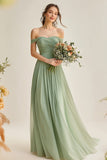 Dusty Sage A Line Off the Shoulder Pleated Long Bridesmaid Dress
