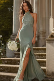 Dusty Sage Sheath Chiffon Appliqued Halter Long Bridesmaid Dress with Slit