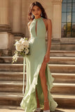 Dusty Sage Sheath Chiffon Halter Keyhole Ruffled Bridesmaid Dress with Slit