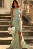 Sheath Chiffon Halter Dusty Sage Long Bridesmaid Dress with Slit