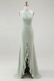 Dusty Rose Chiffon Sheath Ruched Halter Maxi Bridesmaid Dress with Slit