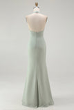 Dusty Rose Chiffon Sheath Ruched Halter Maxi Bridesmaid Dress with Slit