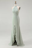 Dusty Sage Chiffon Sheath Halter Maxi Bridesmaid Dress with Slit