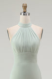 Dusty Sage Chiffon Sheath Halter Maxi Bridesmaid Dress with Slit
