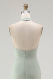 Dusty Sage Chiffon Sheath Halter Maxi Bridesmaid Dress with Slit