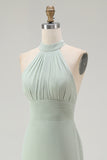 Dusty Sage Chiffon Sheath Halter Maxi Bridesmaid Dress with Slit