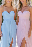 Sky Blue A Line Chiffon Sweetheart Maxi Bridesmaid Dress with Slit