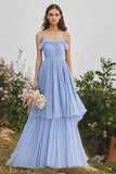 Light Blue A Line Chiffon Pleated Spaghetti Straps Maxi Bridesmaid Dress