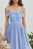 Light Blue A Line Chiffon Pleated Spaghetti Straps Maxi Bridesmaid Dress