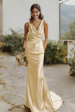 Sheath Satin Daffodil V-Neck Sleeveless Long Bridesmaid Dress