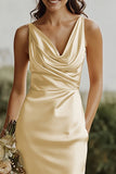 Sheath Satin Daffodil V-Neck Sleeveless Long Bridesmaid Dress