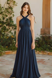 A Line Pleated Navy Chiffon Halter Neck Long Bridesmaid Dress