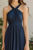 A Line Pleated Navy Chiffon Halter Neck Long Bridesmaid Dress