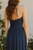 A Line Pleated Navy Chiffon Halter Neck Long Bridesmaid Dress