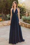 Navy A Line V-Neck Long Chiffon Pleated Bridesmaid Dress