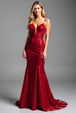 Sparkly Red Mermaid Sequined Backless Maxi Prom Dress