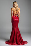 Sparkly Red Mermaid Sequined Backless Maxi Prom Dress