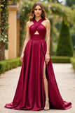 Burgundy A Line Satin Keyhole Halter Maxi Prom Dress with Slit