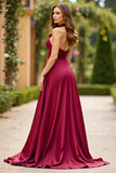 Burgundy A Line Satin Keyhole Halter Maxi Prom Dress with Slit
