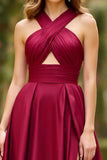 Burgundy A Line Satin Keyhole Halter Maxi Prom Dress with Slit