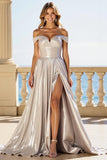 Metallic Silver A Line Off the Shoulder Pleated Maxi Prom Dress with Slit