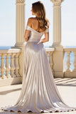 Metallic Silver A Line Off the Shoulder Pleated Maxi Prom Dress with Slit