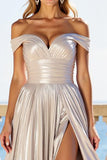 Metallic Silver A Line Off the Shoulder Pleated Maxi Prom Dress with Slit